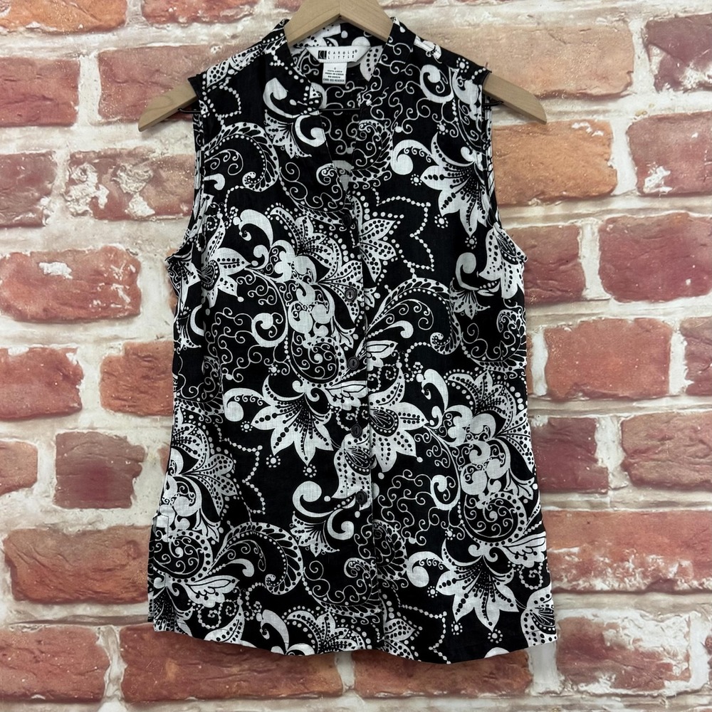 Vintage Carole Little Top Women's S Black White 100% Linen Boho Floral Shirt